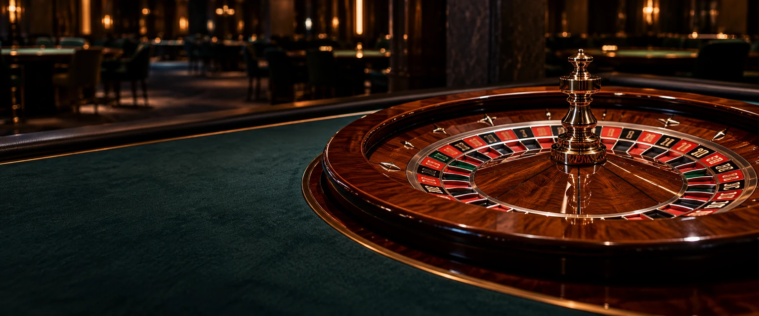 Ruleta de madera sobre una mesa de paño verde